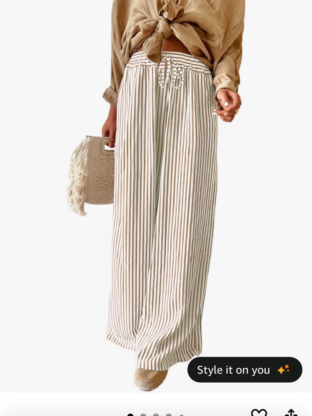 Wide Leg Striped Drawstring Pants - Cream/Brown